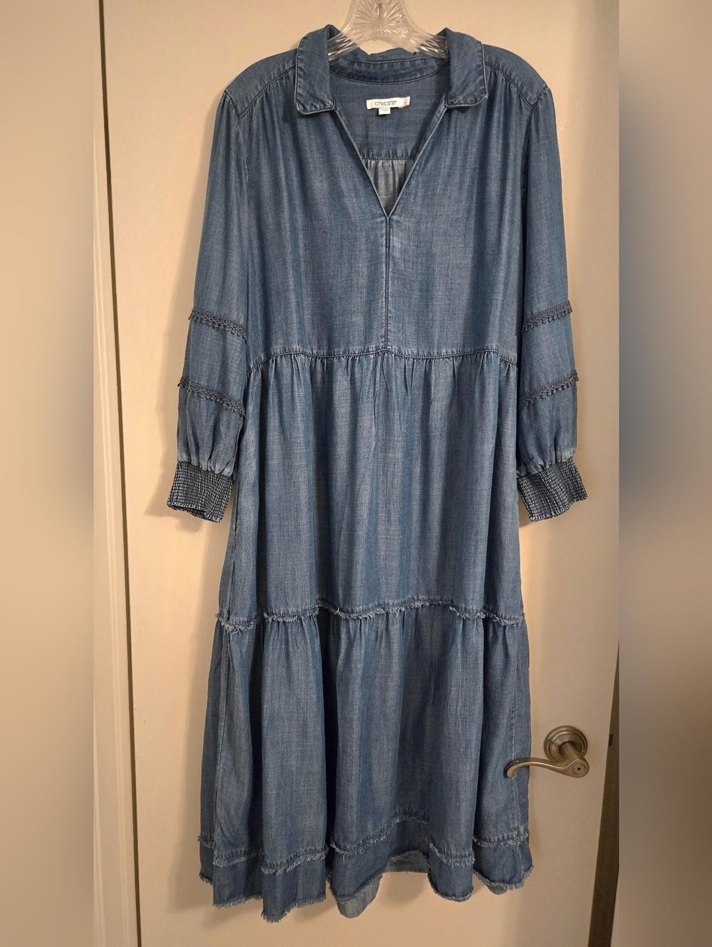 Chico's Blue Denim Tiered V-Neck Dress - Picture 3 of 6